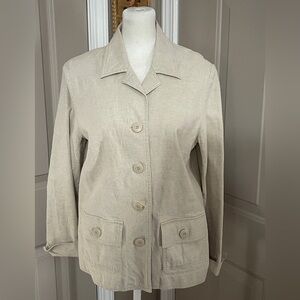 Requirements khaki linen been long sleeve button front blazer/shacket. Size 10.